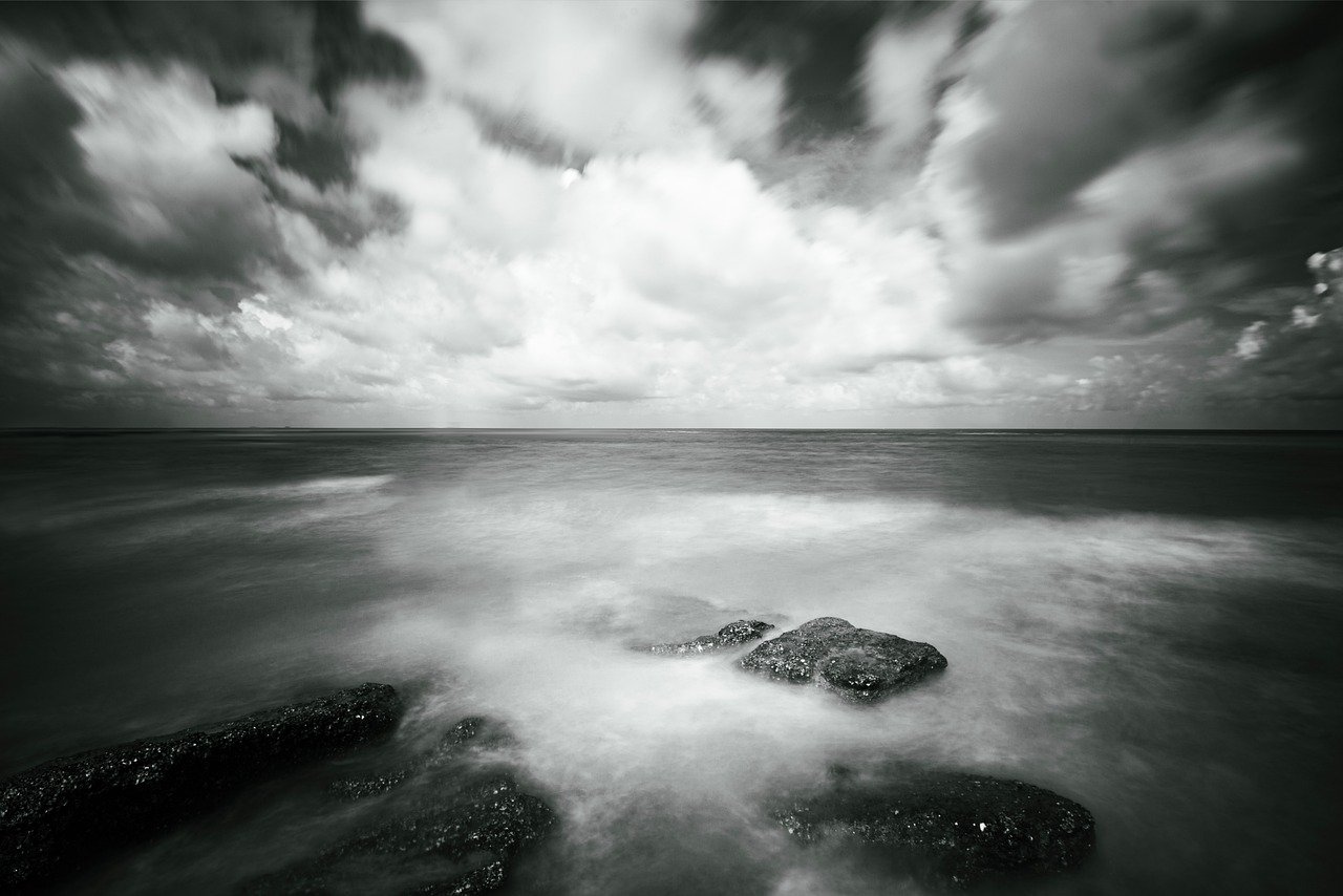 sea, black and white, photography, nature, scenery, cloud, reef, natural